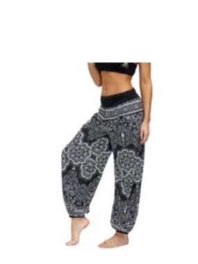 Boho Print Wide-Leg Harem Pants - Black
